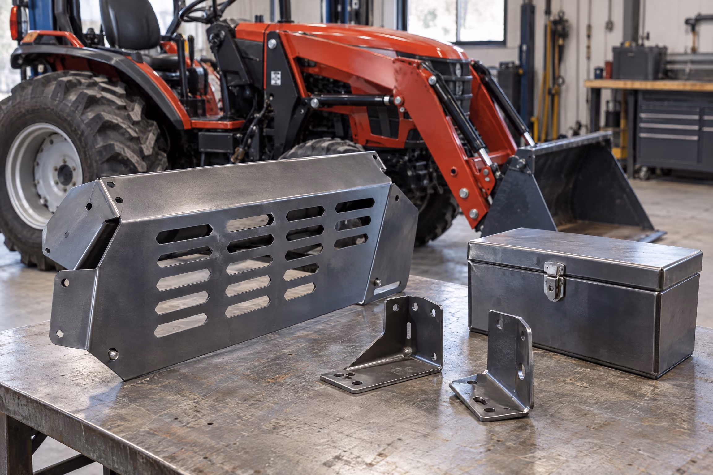 Illustrative agricultural sheet-metal guards and mounting brackets