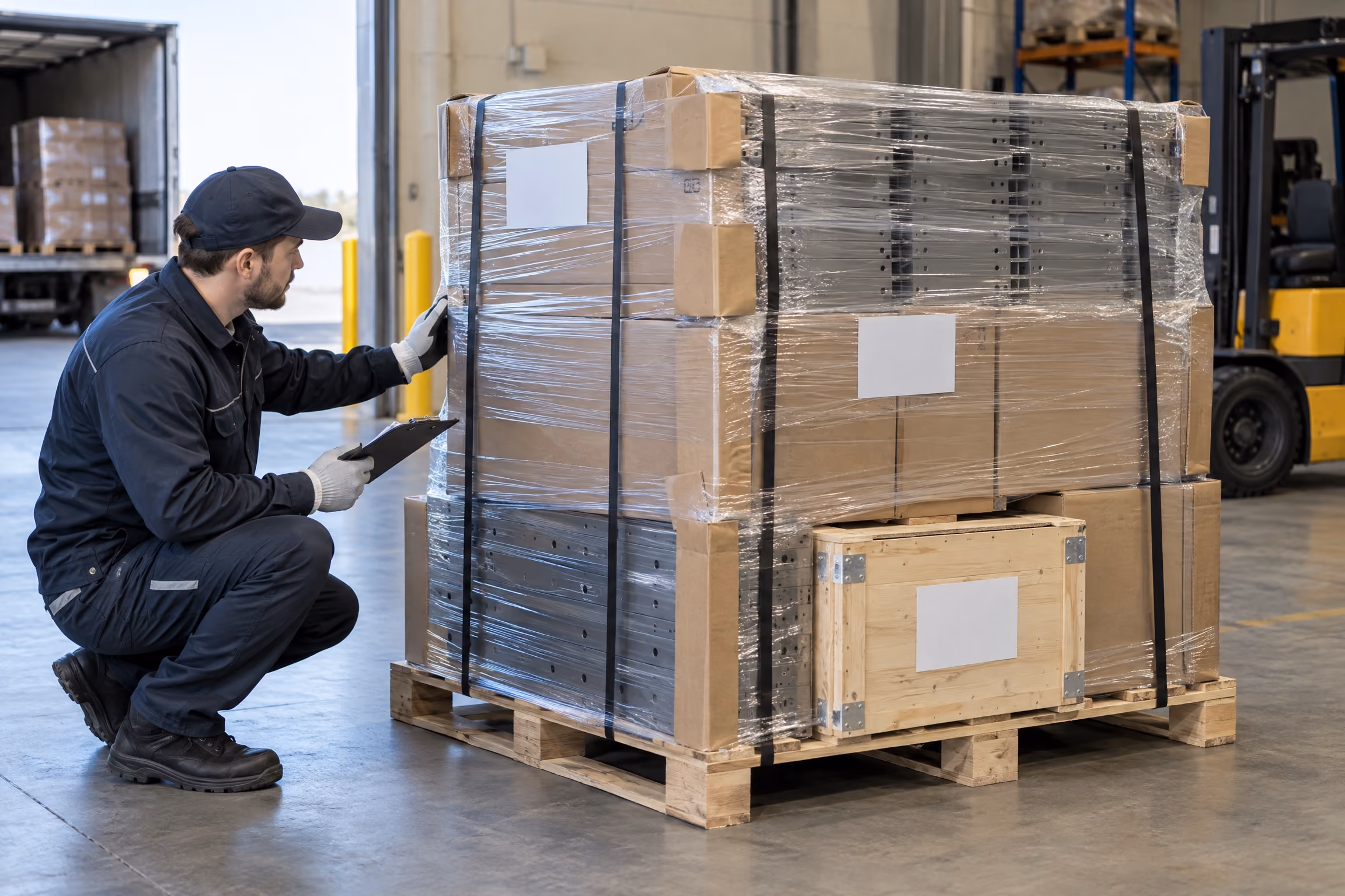 Illustrative export packing with protective corners and cartons