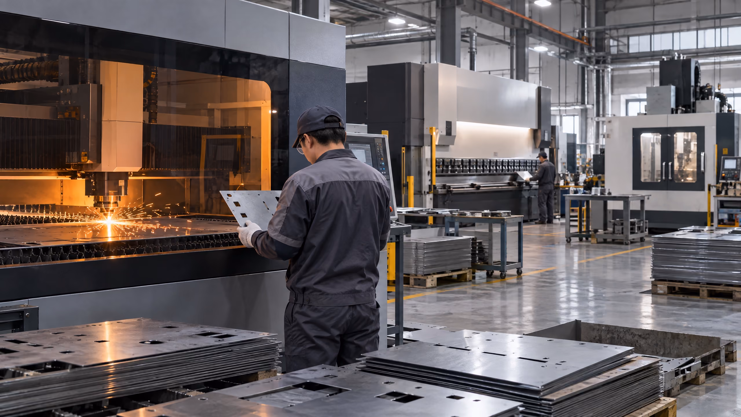 Illustrative sheet-metal workshop with laser cutting and press-brake processes