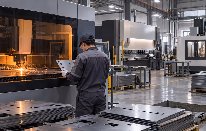 Illustrative view of a metal fabrication workshop with laser cutting and press-brake areas