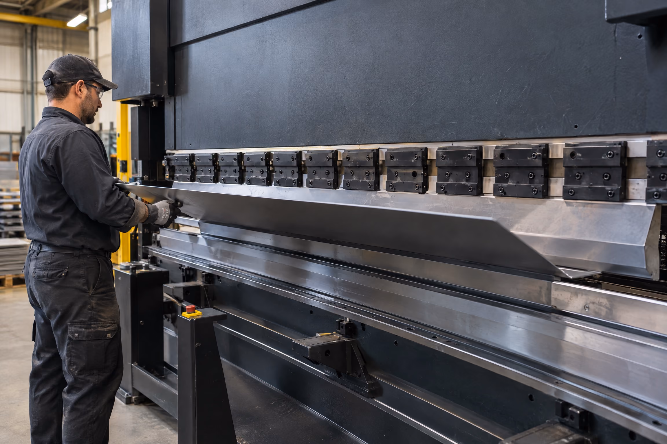 Illustrative CNC press brake forming a long steel panel