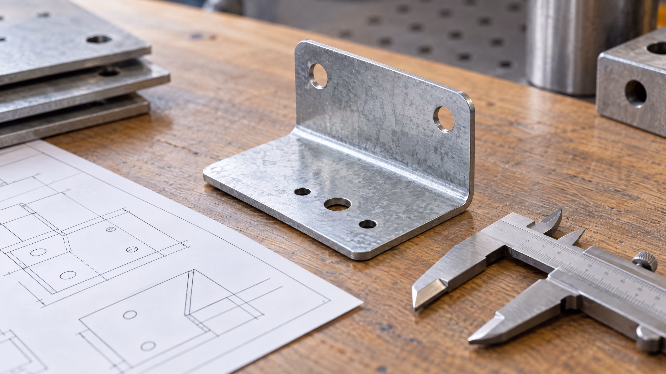Illustrative sheet-metal design review with a bent bracket and caliper