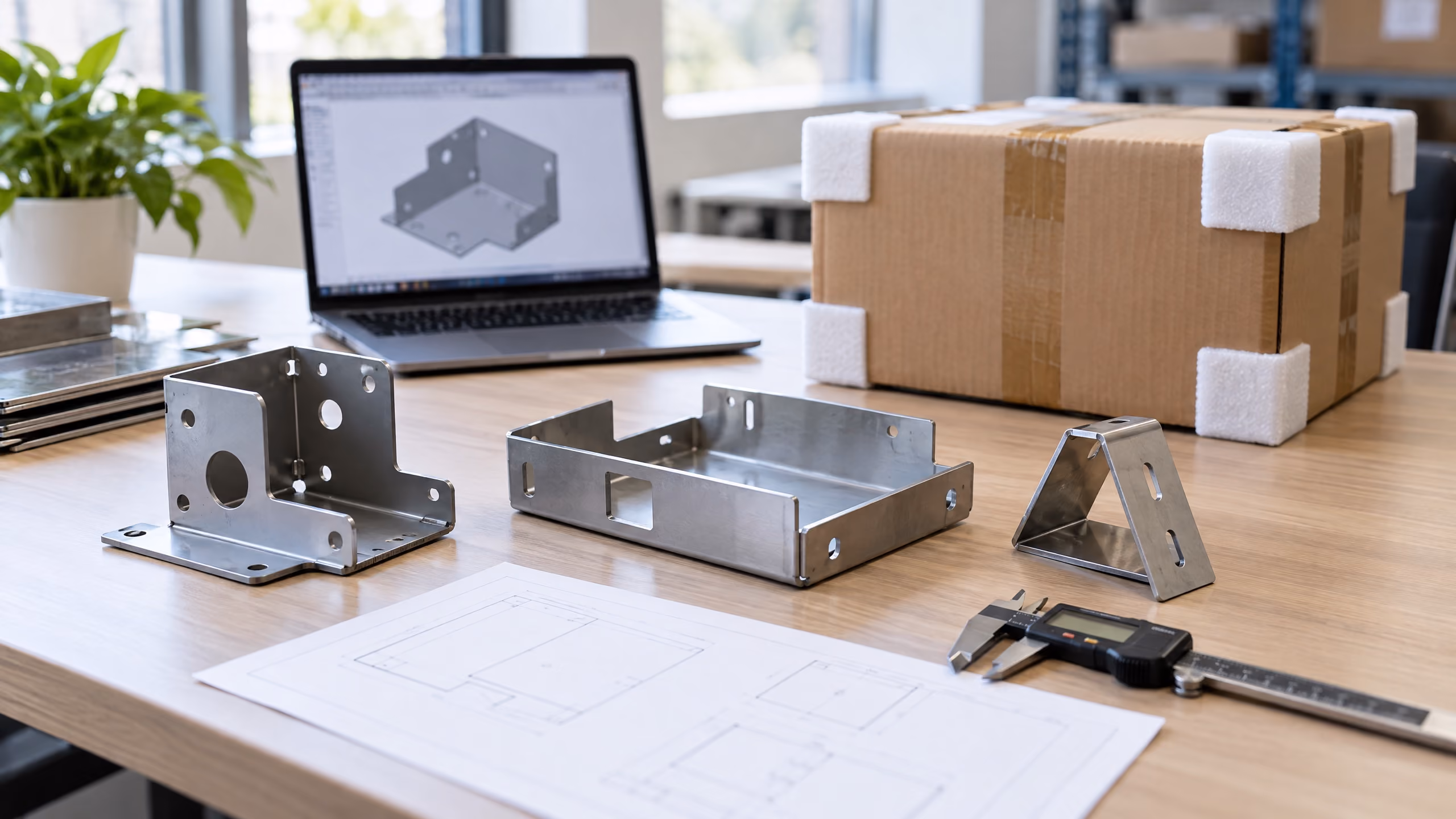 Illustrative RFQ review with sheet-metal samples and export packing